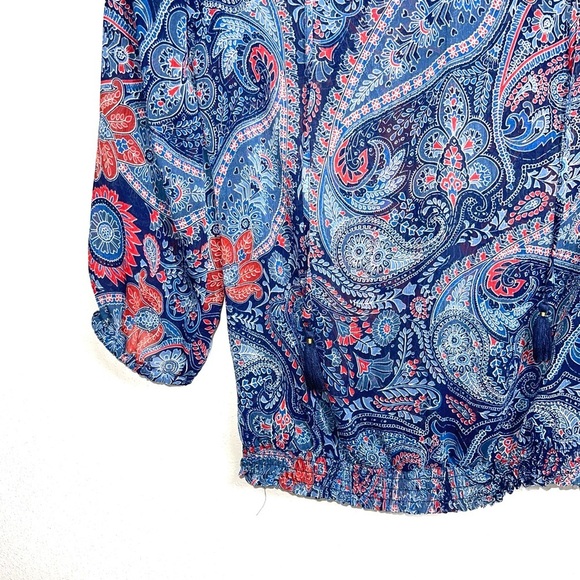 Lucky Brand Blue & Red Paisley Print Split Neck Semi-sheer Blouse Xsmall Women’s - Picture 4 of 9